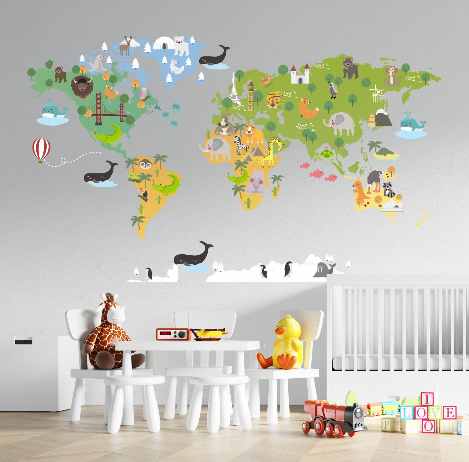 Wild World Map Wall Decal: Animals Design for Kids Nursery Room Decor ...