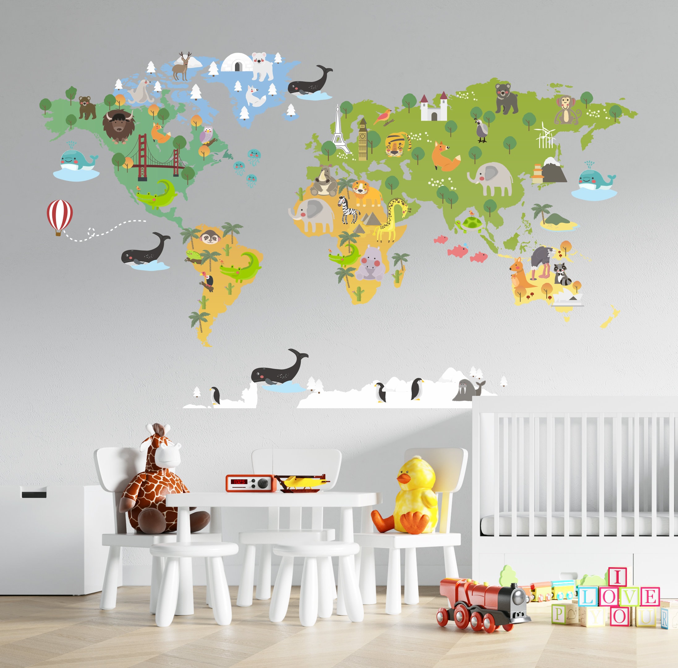 Wild World Map Wall Decal: Animals Design for Kids Nursery Room Decor ...