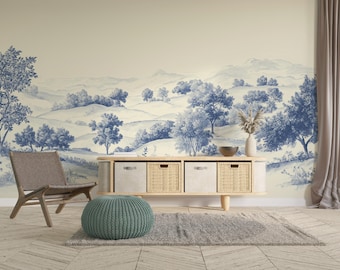 Blue Toile Italian Wall Mural | Vintage Countryside Landscape Peel and Stick V28