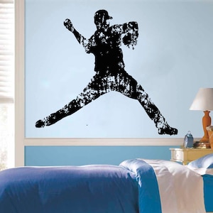 May include: A black silhouette of a baseball player in a pitching pose, with a distressed, textured effect. The silhouette is against a light blue background.