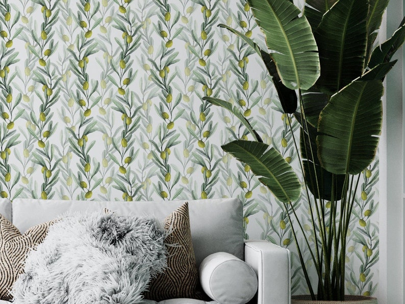 Watercolor Green Olives Wallpaper Peel and Stick Botanical - Etsy