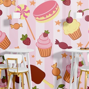 Sweets Wall Graphics Desserts Cookies Cupcakes Donut Croissant Cake Wallpaper Peel n Stick Wallpaper Cafe Bakery Restaurant Removable PW537
