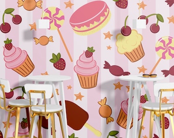 Sweets Bakery Wallpaper | Peel & Stick Cafe Dessert Mural | Cupcake Donut Cookie Wall Decor | PW537