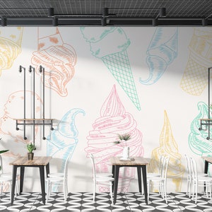 Ice Cream Wall Graphics Peel and Stick Wallpaper Ice Cream Cafe Restaurant Self Adhesive Removable Fabric Restaurant Mural PW216