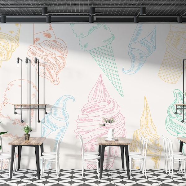 Ice Cream Wall Graphics Peel and Stick Wallpaper Ice Cream Cafe Restaurant Self Adhesive Removable Fabric Restaurant Mural PW216