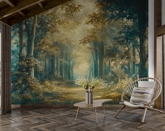 Enchanted Forest | Sunlit Woodland Path Wall Mural | Peel and Stick Wallpaper V14