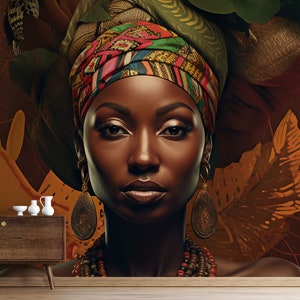 May include: A portrait of a woman with dark skin wearing a colorful head wrap and large gold earrings. The background is a dark brown with orange and brown leaf designs.
