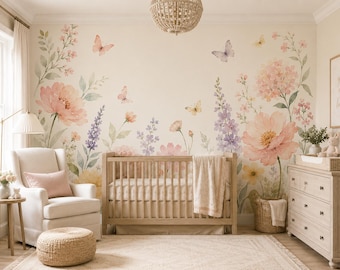 Butterfly Wallpaper – Pastel Watercolor Flowers for Girls Nursery or Bedroom | BL1006