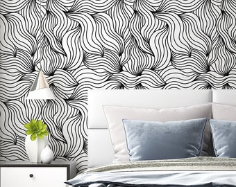 Monochrome Swirl | Abstract Floral Peel and Stick Wallpaper | Black White Modern Pattern PW62