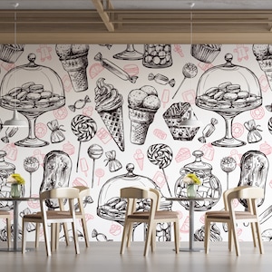 Sweets Wall Graphics Desserts Cupcakes  Ice Cream Wallpaper Peel and Stick Wallpaper Cafe Bakery Restaurant Removable Mural PW536