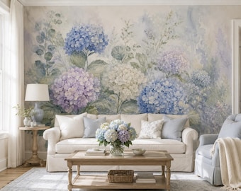Hydrangea Wallpaper – Blue Lavender Watercolor Floral Mural for Bedroom | BL1007