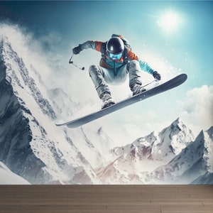 Snowboarding Wall Graphics Peel and Stick Wallpaper Mountain Winter Sport Self Adhesive Removable Fabric Snowboarder Mural PW351