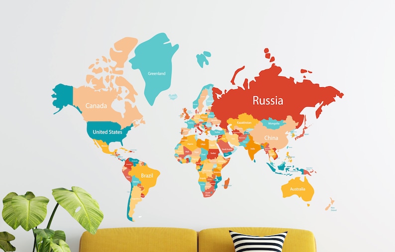 World Map Wall Decal World Map Wall Sticker World Map Wall Etsy