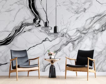 Black Marble Texture Peel and Stick Wallpaper | Dark Stone Mural | Luxury Modern Decor | PW647
