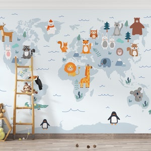 Papel pintado con mapa del mundo, autoadhesivo, extraíble, con animales, para dormitorio infantil, papel pintado de aventuras, PW287