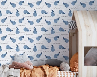 Tapeta samoprzylepna „Whale Ocean Waves” | Niebieski morski mural dla dzieci | Nadmorski pokój dziecięcy PW85