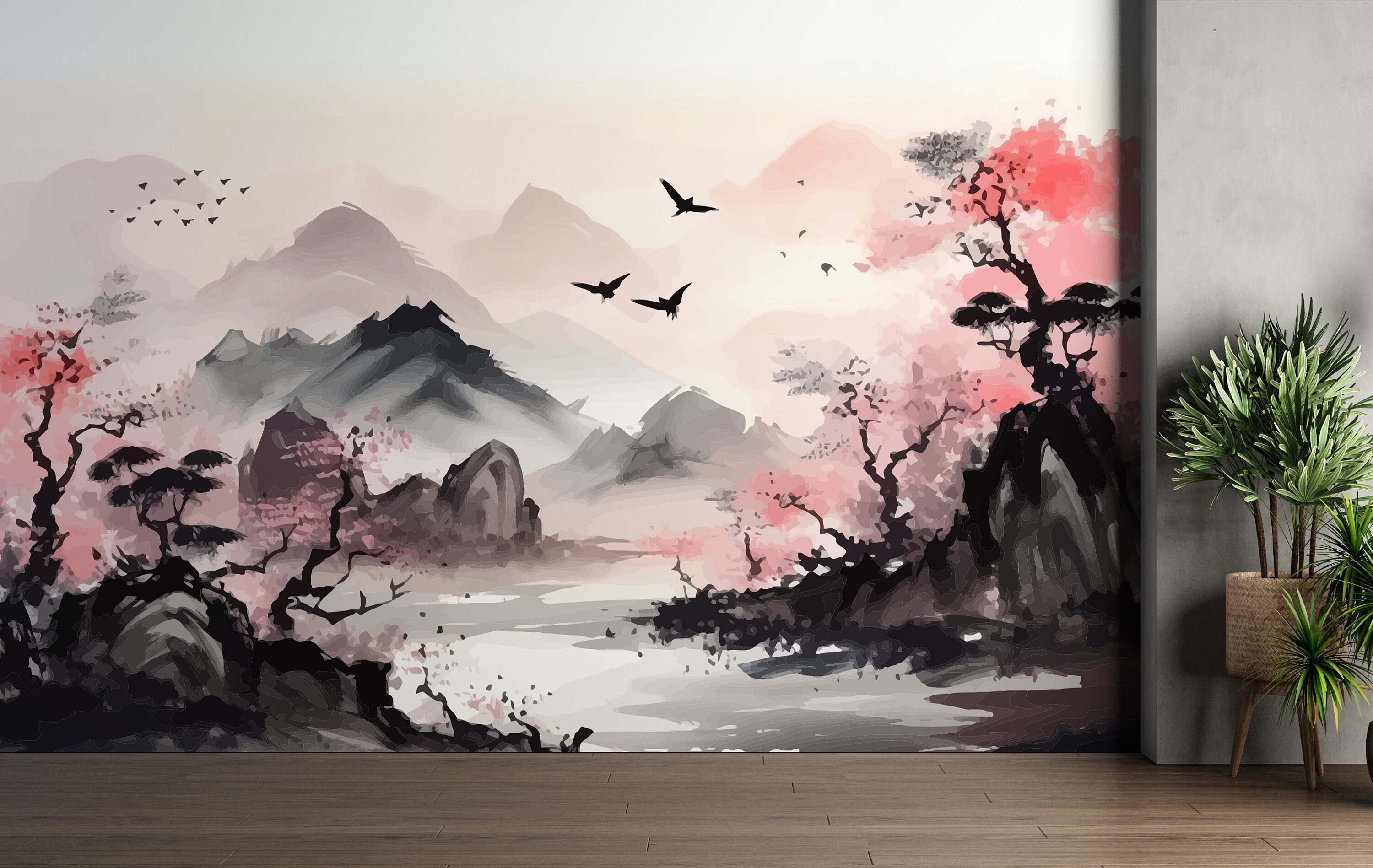 Japanese Mountain Pagoda Wallpaper | Peel & Stick Restaurant Mural