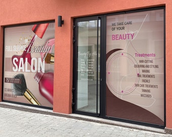May include: A storefront for a beauty salon with a pink and white sign that says "Full Service Beauty Salon" and a phone number. The storefront also has a sign that says "We take care of your beauty" and lists various treatments offered, including hair cutting, coloring, waxing, nail treatments, facials, skin care treatments, tanning, and massages.