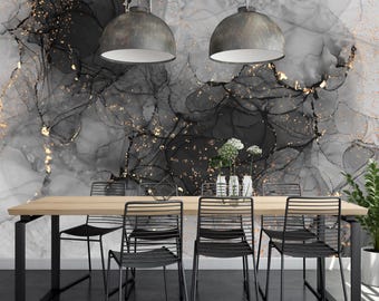 Black Marble Texture Peel and Stick Wallpaper: Dark Stone Wall Art, PW642