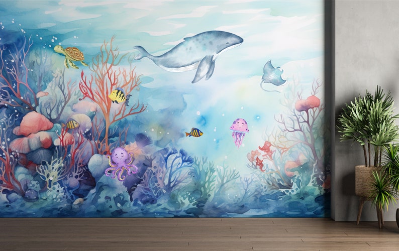May include: A watercolor painting of an underwater scene with a whale, a stingray, a turtle, an octopus, jellyfish, and coral. The painting is in shades of blue, pink, and green.