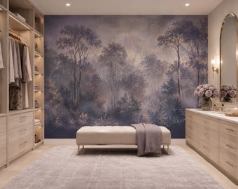 Lavender Forest Wall Mural, Purple Tree Wallpaper, Misty Woodland Peel and Stick Mural BL9