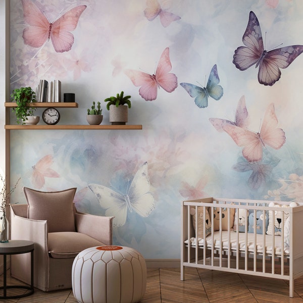 Butterfly Wallpaper Watercolor Pink Peel and Stick Wallpaper Self Adhesive Removable Butterflies Wallpaper for Girls Room PW364