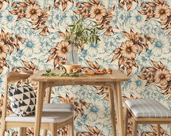 Vintage Floral Peel & Stick Wallpaper | Blue Beige Botanical Mural | Shabby Chic Vintage Style | PW106