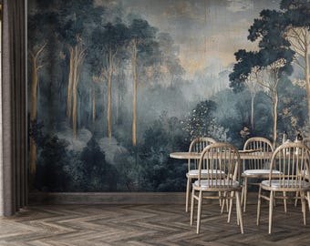 Dark Forest Mural Wallpaper | Vintage Misty Woodland Peel and Stick | V8