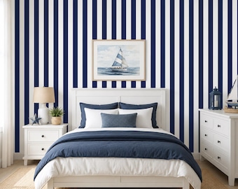 Coastal Stripe | Dark Blue Stripe Wallpaper | Nautical Modern Peel and Stick Wall Design | PW717