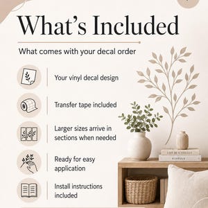 May include: An informational graphic titled What's Included listing components of a vinyl decal order: vinyl decal design, transfer tape, sectioned larger sizes, application readiness, and install instructions, with a tree branch wall decal illustration.