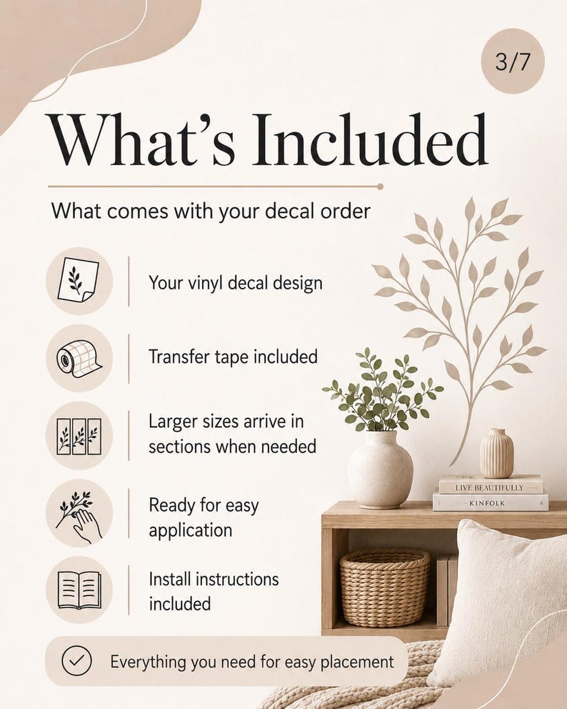 May include: An informational graphic titled What's Included listing components of a vinyl decal order: vinyl decal design, transfer tape, sectioned larger sizes, application readiness, and install instructions, with a tree branch wall decal illustration.