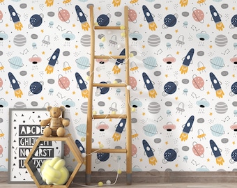 Outer Space Peel and Stick Wallpaper | Planets & Rockets Mural | Kids Space Theme Decor | PW83