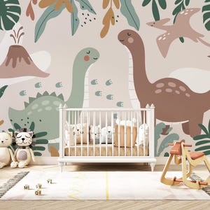 Dinosaur Jungle Mural | Watercolor Green Forest Dino World | Peel and Stick Wallpaper PW671
