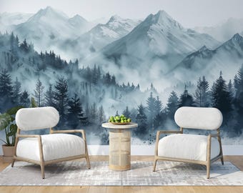 Blue Foggy Mountain | Misty Mountain Wall Mural | Forest Landscape Wallpaper | Peel & Stick Nature | PW626