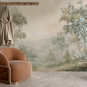 Verdant Light | Watercolor Woodland Mural | Watercolor Forest Mural | Soft Green Wallpaper | Luxe Nature Wall Art | Peel & Stick | V22