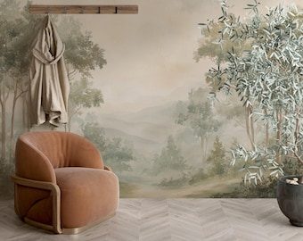 Verdant Light | Watercolor Woodland Forest Mural | Peel and Stick Wallpaper V22