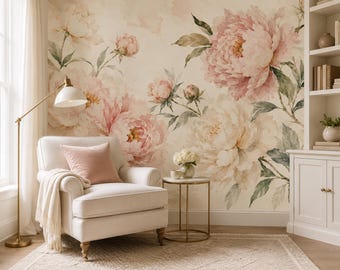 Peony Wallpaper – Blush Pink Watercolor Floral Mural with Ivory Blooms | BL1002