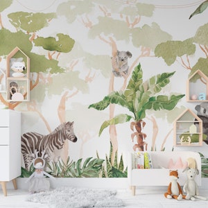 Safari-Tiertapete Tapete zum Schälen und Aufkleben Dschungeltiere Wandbild Selbstklebende entfernbare Tapete für Kinderzimmer PW319