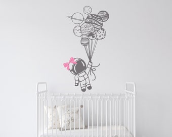 Girl Astronaut Holding Balloons Wall Decal | Space Wall Decal | Custom Name Wall Decal | Decal for Nursery ast3(bow)