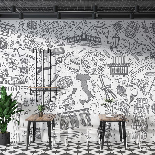Gráficos de pared de restaurante italiano, papel tapiz despegable y adhesivo para restaurante de Pizza, Mural de tela extraíble autoadhesivo para restaurante PW170