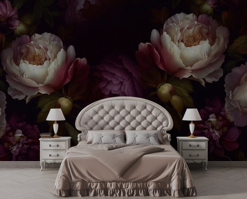 Dramatic Peony Bloom Mural | Dark Floral Peel & Stick Wallpaper | Moody ...