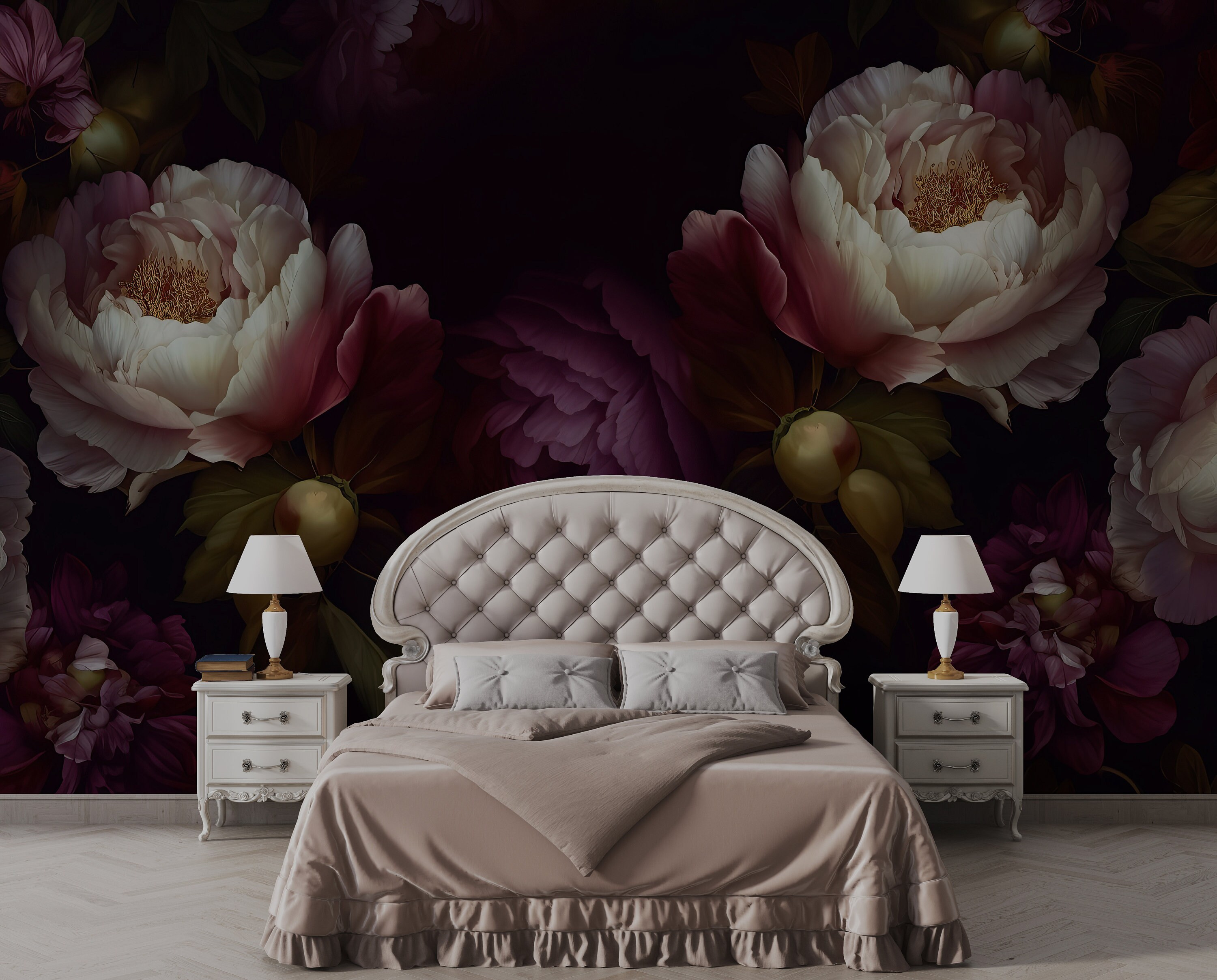 Dramatic Peony Bloom Mural | Dark Floral Peel & Stick Wallpaper | Moody ...