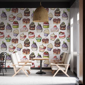 Sweets Wall Graphics Desserts Cookies Cupcakes Donut Croissant Cake Wallpaper Peel n Stick Wallpaper Cafe Bakery Restaurant Removable PW535