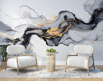 Black Marble Mural | Luxury Dark Stone Texture | Peel and Stick Wallpaper PW654