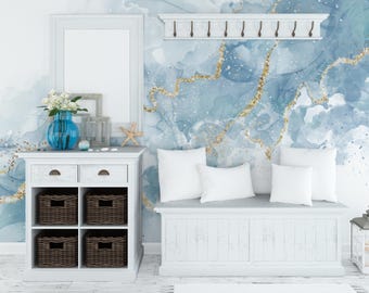 Blue Marble Mural | Abstract Stone Texture | Peel and Stick Wall Wallpaper PW659