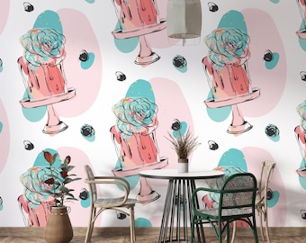 Cake Wallpaper | Peel & Stick Bakery Cafe Mural | Sweets Dessert Shop Removable Decor | PW547