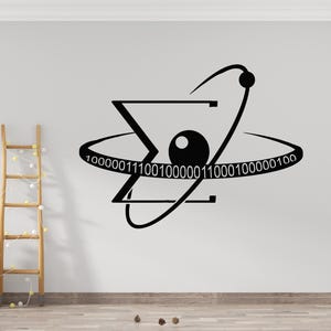 May include: Black and white graphic design of a stylized atom with a binary code sequence around the nucleus. The code reads "100000111001000000110001000000100".
