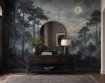 Moon Forest Wall Mural, Blue Night Wallpaper, Moody Woodland Peel and Stick Mural BL5