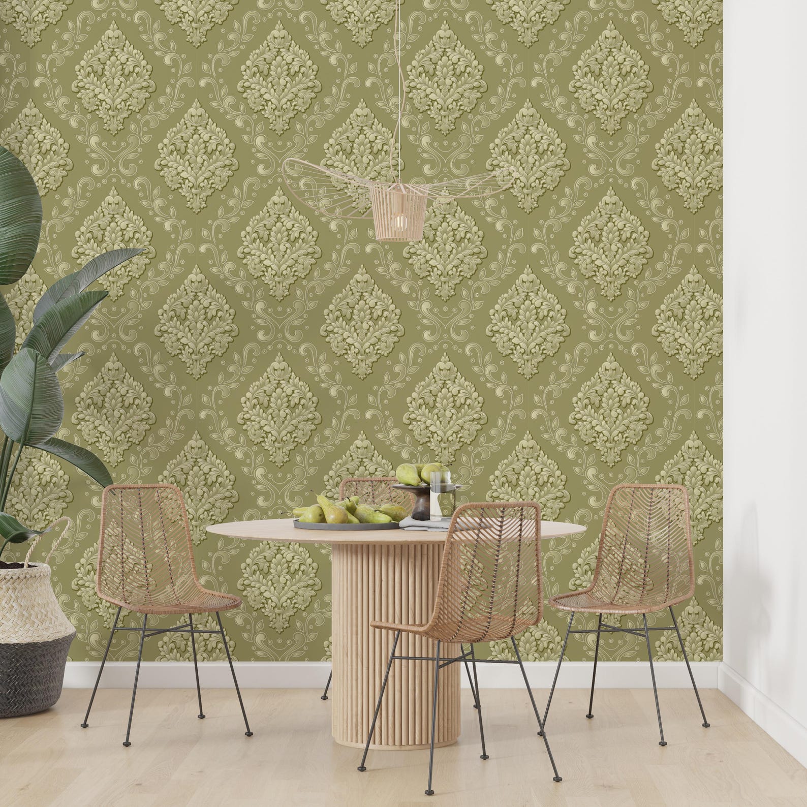 Vintage Green Damask | Classic Botanical Wallpaper | Elegant Peel and ...