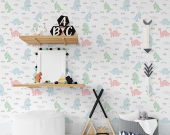 Watercolor Dinosaur Wall Mural | Green Dino Forest Peel and Stick Kids Wallpaper PW672